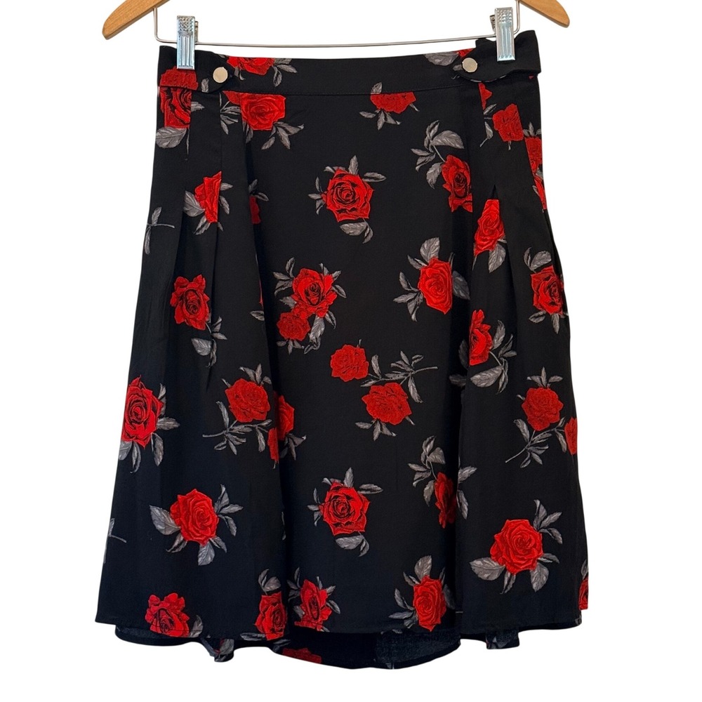 City Chic Whimsigoth Dark Cottage Black Red Rose Floral Pleated A-Line Skirt 18